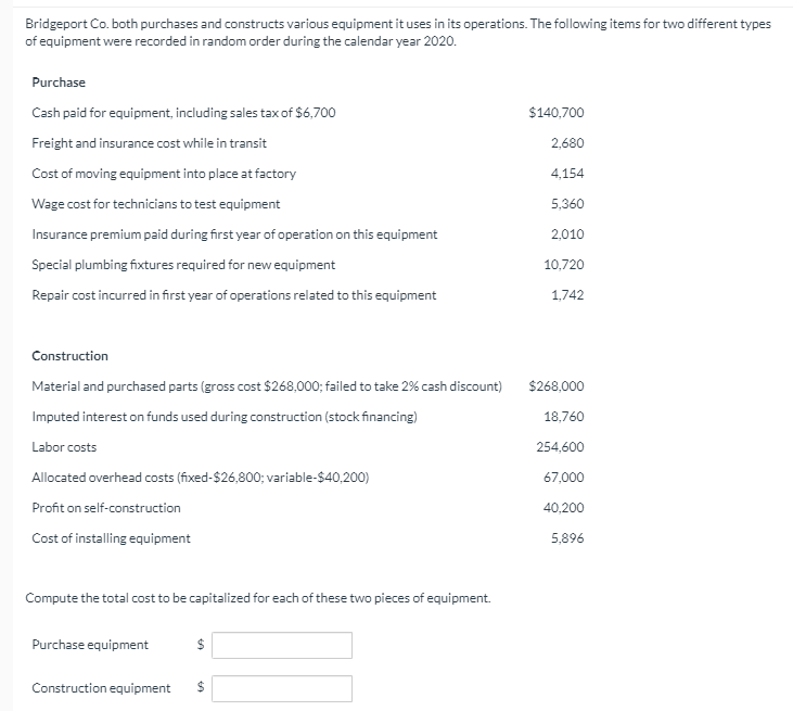  Bridgeport Co. both purchases and constructs various equipment it uses in