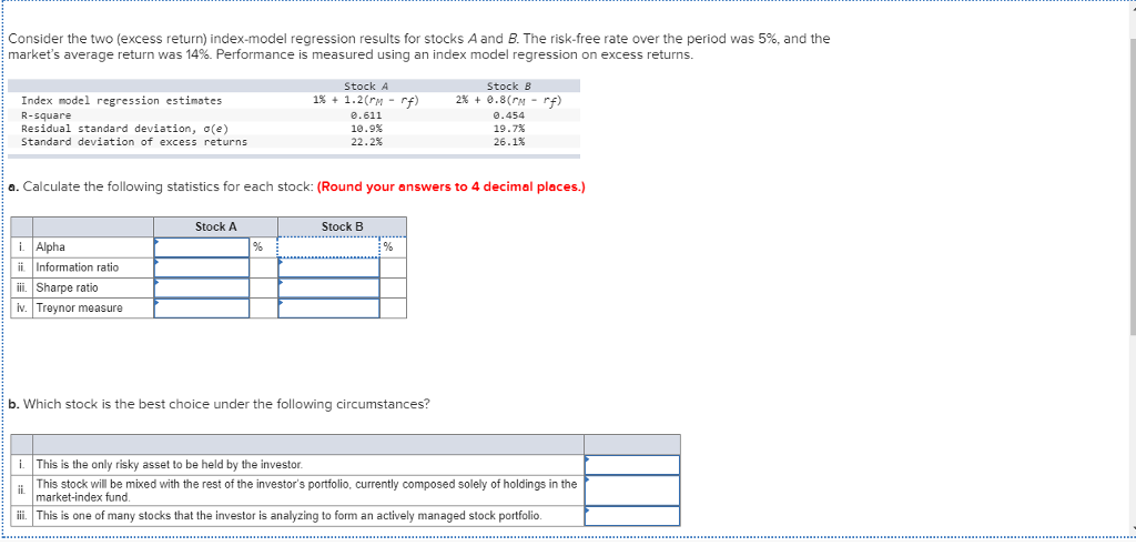 Consider the two (excess return) index-model regression results for stocks A