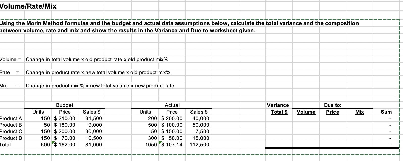  Volume/Rate/Mix Using the Morin Method formulas and the budget and actual