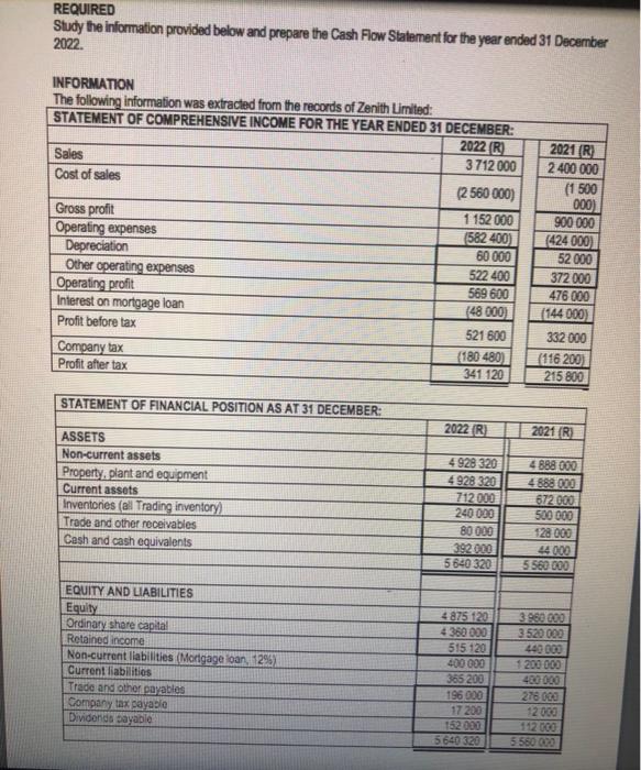  REQUIRED Study the information provided below and prepare the Cash Flow