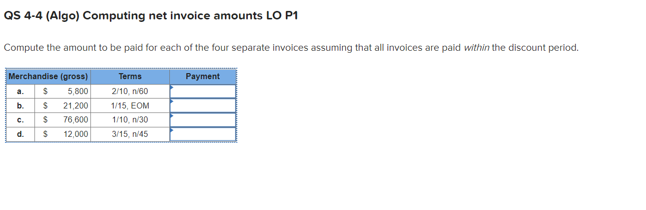  QS 4-4 (Algo) Computing net invoice amounts LO P1 Compute the