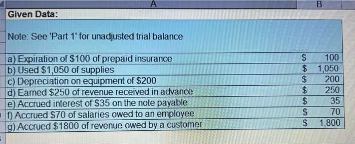  question part 1 part 2 Given Data: Note: See 'Part 1