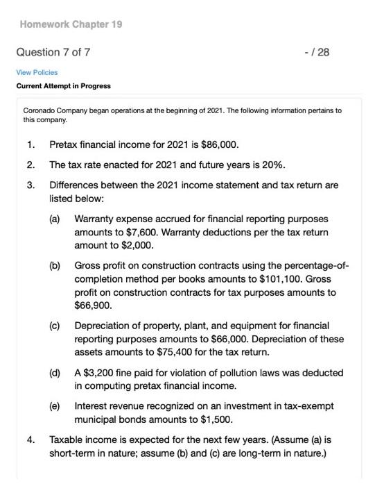  Homework Chapter 19 Question 7 of 7 - / 28 View