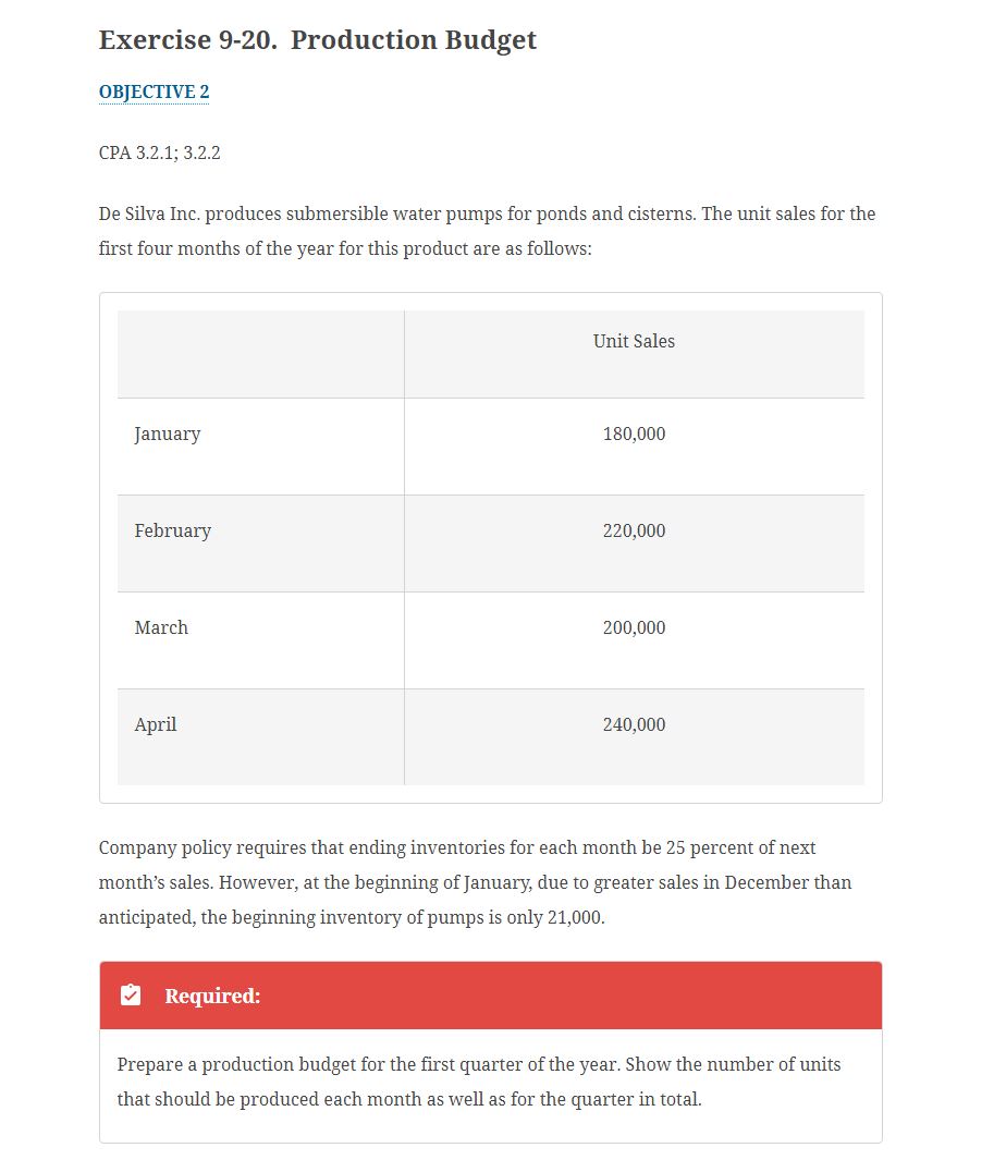  Exercise 9-20. Production Budget OBJECTIVE 2 CPA 3.2.1; 3.2.2 De Silva