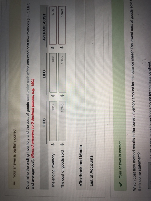  Your answer is partially correct Determine the ending inventory and the