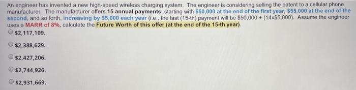  An engineer has invented a new high-speed wireless charging system. The