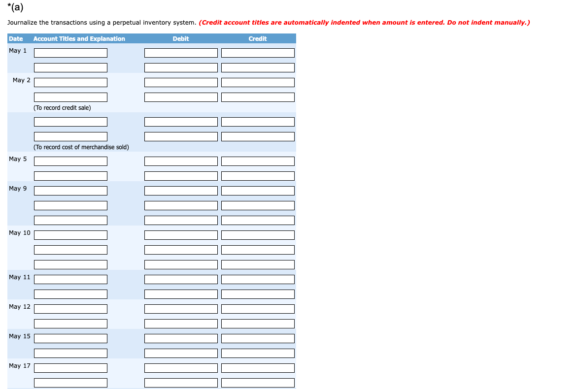 merchandising transactions in the month of May. At the beginning of May,