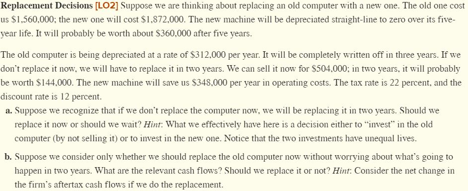  Replacement Decisions [LO2] Suppose we are thinking about replacing an old