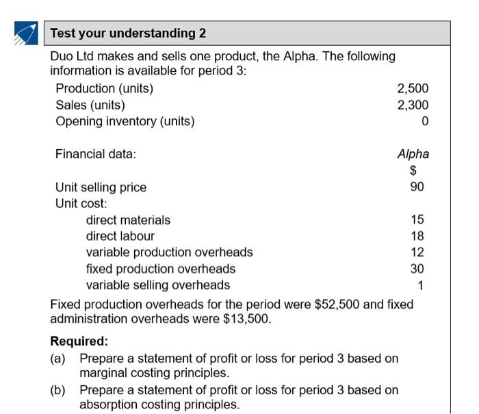  Test your understanding 2 Duo Ltd makes and sells one product,