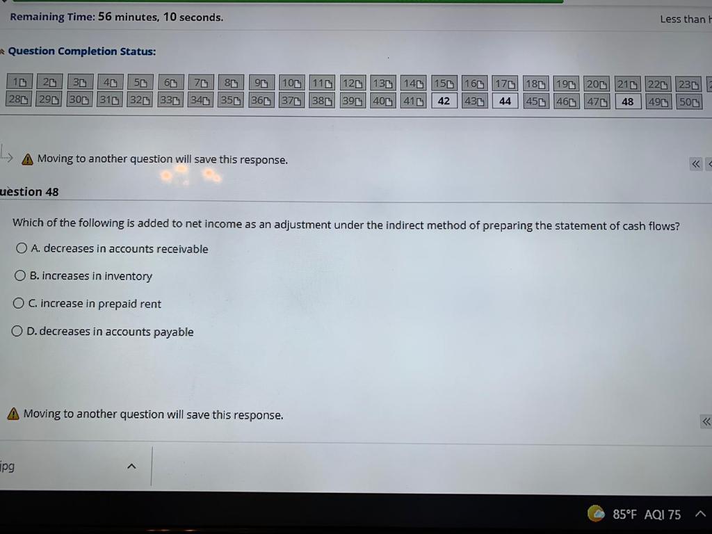Remaining Time: 56 minutes, 10 seconds. Less than Question Completion Status: