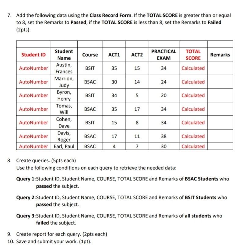  7. Add the following data using the Class Record Form. If