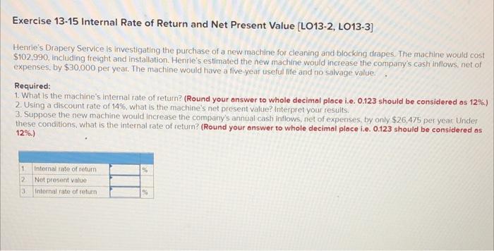 of Return and Net Present Value [LO13-2, LO13-3] Henrle's Drapery Service is