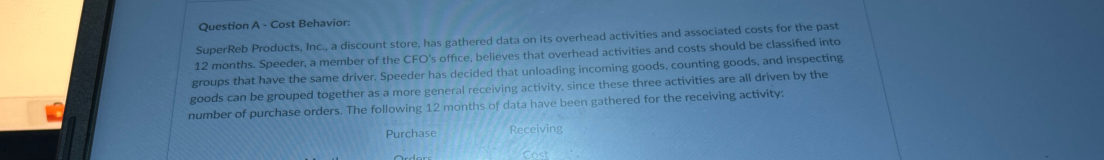  Question A - Cost Behavior: SuperReb Products, Inc., a discount store,