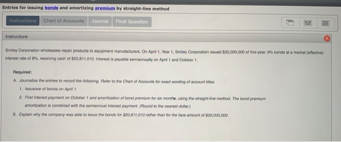  Entries for issuing bonds and amortizing premium by straight-line method Instructions
