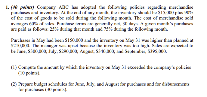  (40 points) Company ABC has adopted the following policies regarding merchandise