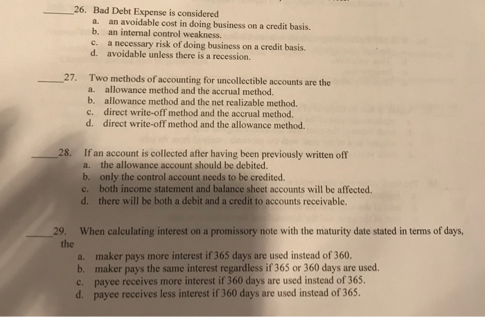  26. Bad Debt Expense is considered a. an avoidable cost in