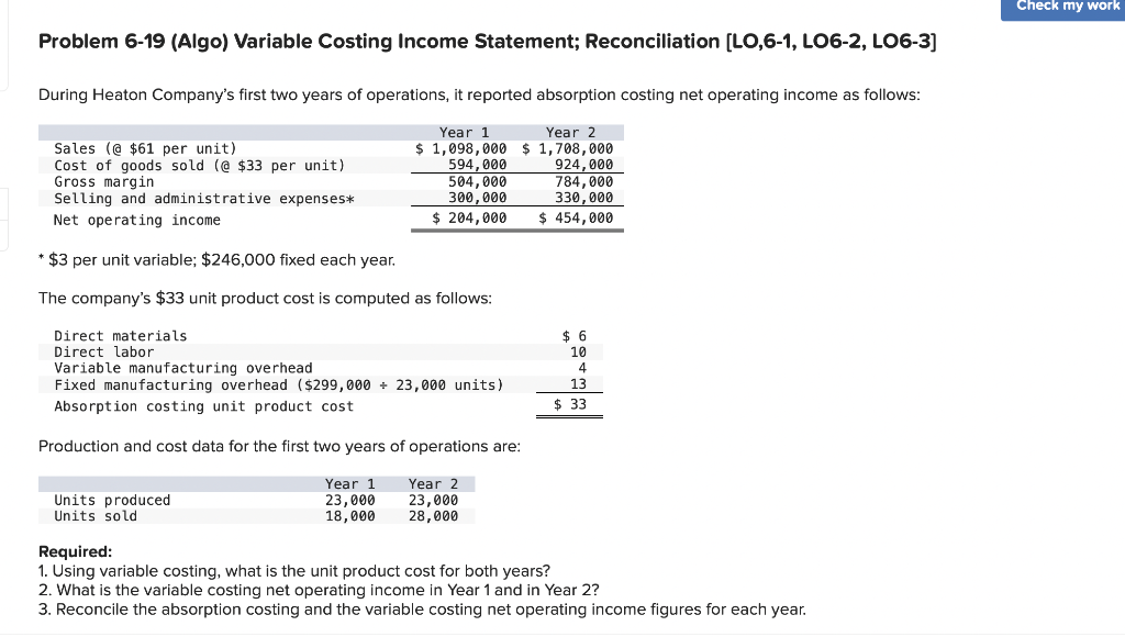  Check my work Problem 6-19 (Algo) Variable Costing Income Statement; Reconciliation