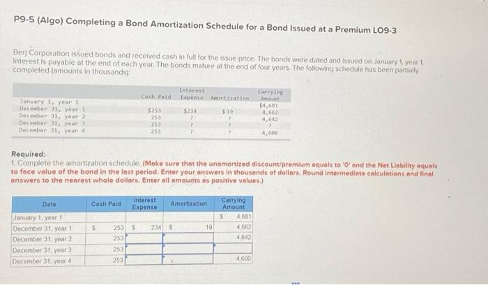  P9.5 (Algo) Completing a Bond Amortization Schedule for a Bond Issued
