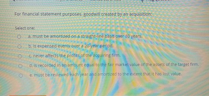 For financial statement purposes goodwill created by an acquisition: Select one: