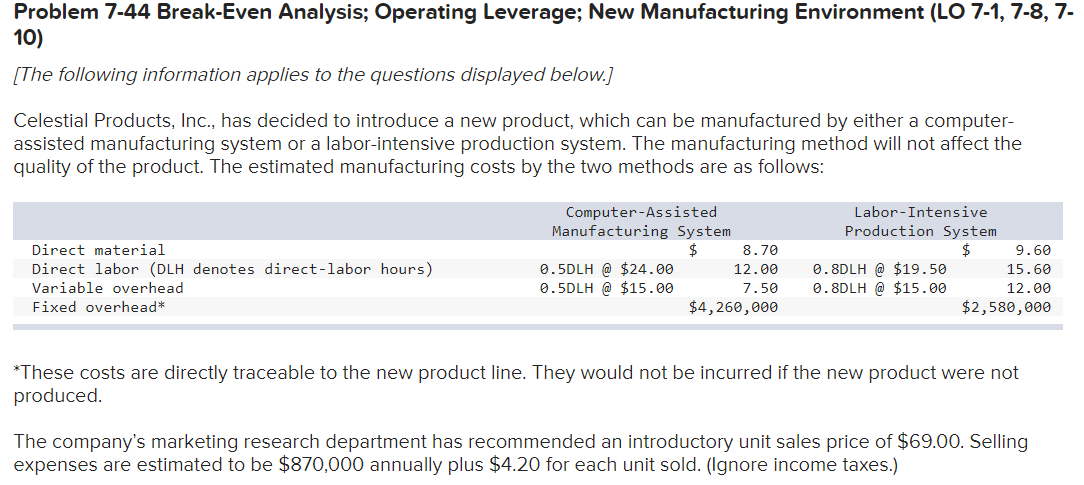  Problem 7-44 Break-Even Analysis; Operating Leverage; New Manufacturing Environment (LO 7-1,
