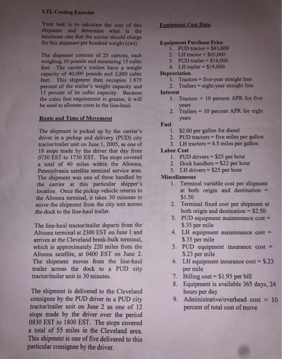  LTL Costing Exercise Equipment Cost Data Your task is to calculate