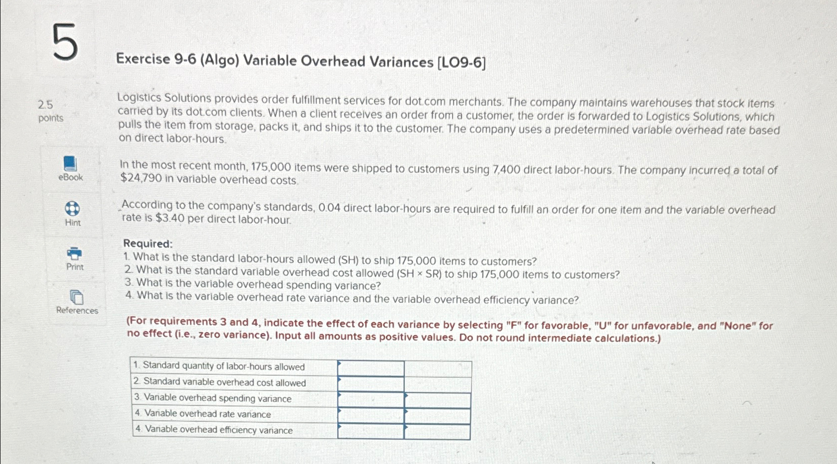  Exercise 9-6(Algo) Variable Overhead Variances [L09-6] 25 points eBook References Logistics