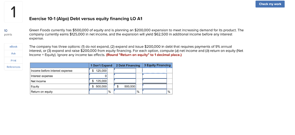 Check my work 1 Exercise 10-1 (Algo) Debt versus equity financing