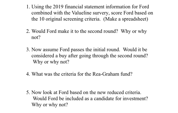  1. Using the 2019 financial statement information for Ford combined with