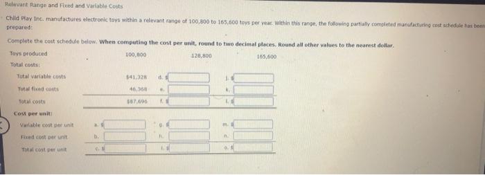  Relevant Range and Fixed and Variable costs Child Play Inc. manufactures
