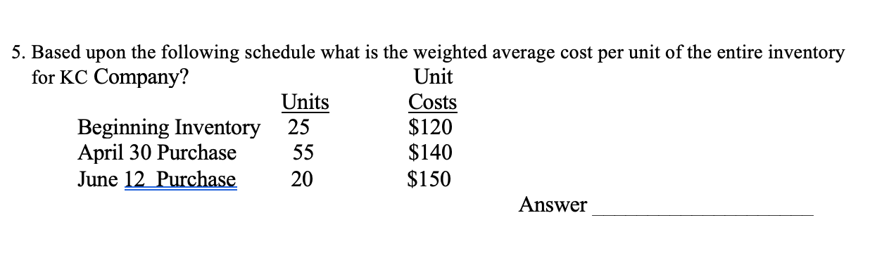  5. Based upon the following schedule what is the weighted average