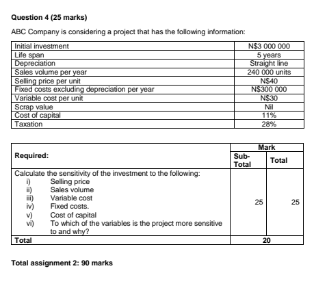  Question 4 (25 marks) ABC Company is considering a project that