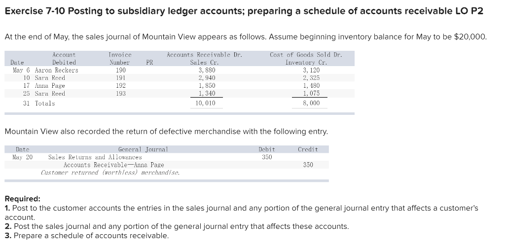 Need help with question 2 AND 3. Exercise 7-10 Posting to subsidiary