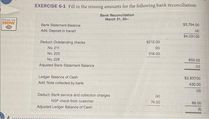  Show me HOW EXERCISE 6-1 Fill in the missing amounts for