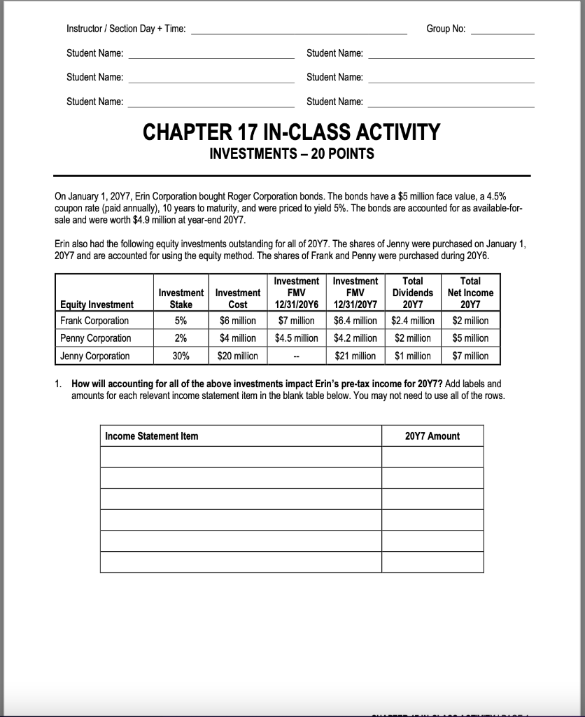  Instructor / Section Day + Time: Group No: Student Name: Student