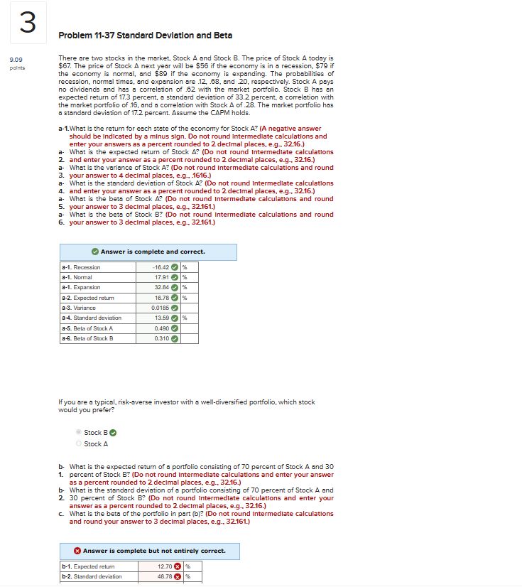 Answer the last section please Problem 11-37 Standard Devlation and Beta
