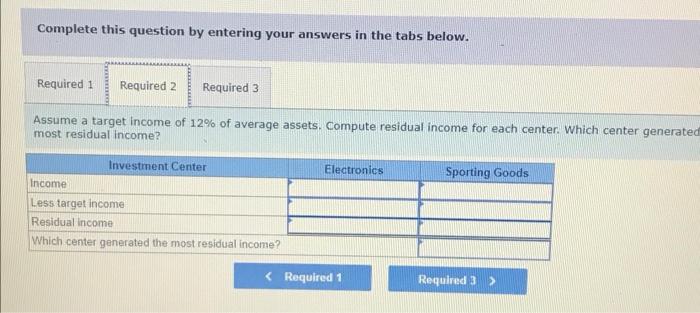 following information on its two investment centers. Investment Center Electronics Sporting goods