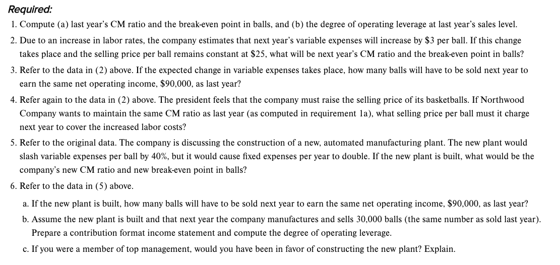 1053, 105-4, 105-5, 105-6, 105-8 Northwood Company manufactures basketballs. The company has