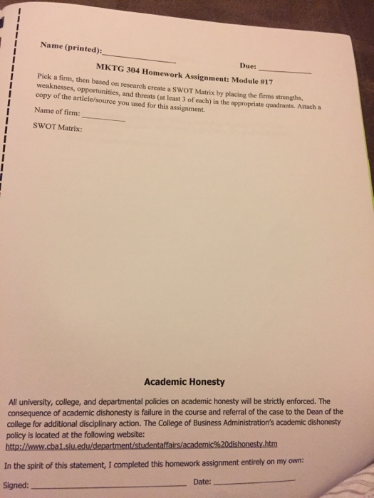  Name (printed): Due: MKTG 304 Homework Assignment: Module #17 Pick a