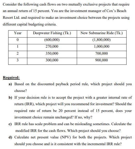  Consider the following cash flows on two mutually exclusive projects that