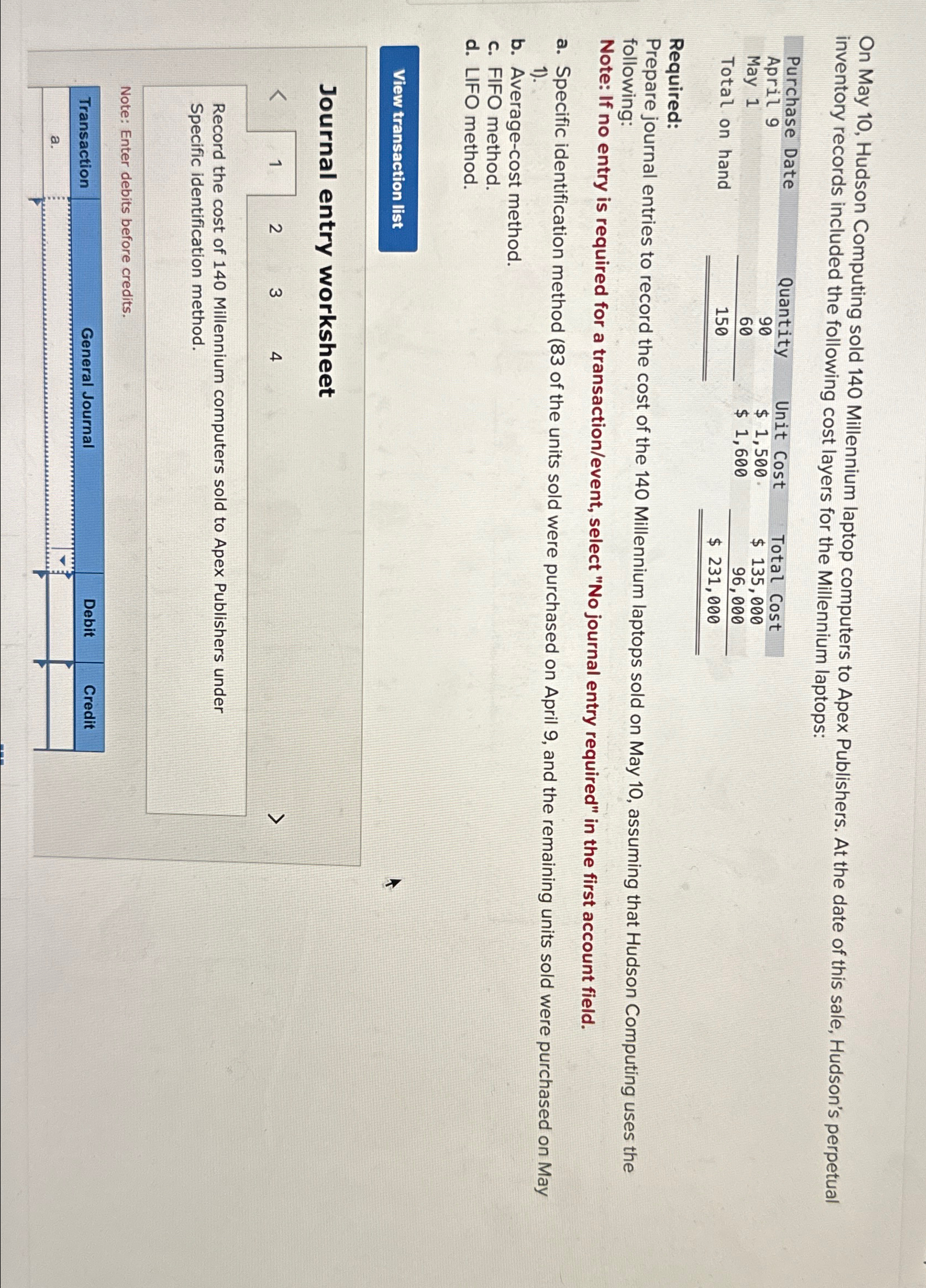  On May 10, Hudson Computing sold 140 Millennium laptop computers to