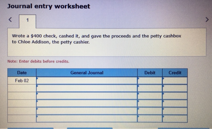 year Feb. 2 Wrote a $400 check, cashed it, and gave the