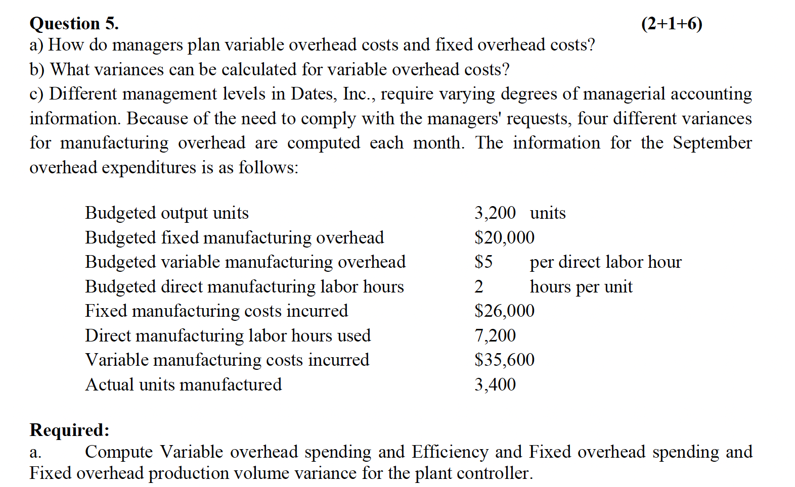 Question 5. (2+1+6) a) How do managers plan variable overhead costs