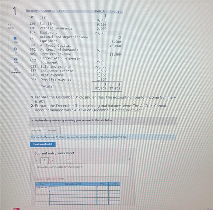 plz help answer all questions. 1. Prepare the December 31 closing entries.