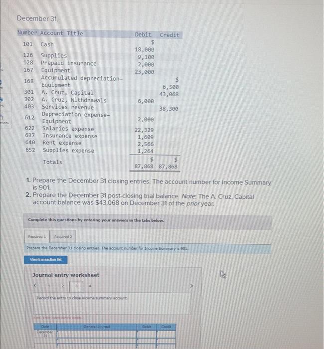 31 post-closing trial balance Note: The A Cruz Capital account balance was