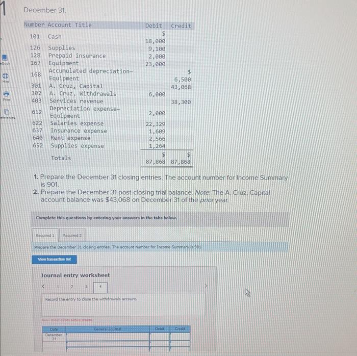 $43,068 on December 31 of the prioryear Complete this questsons by entering