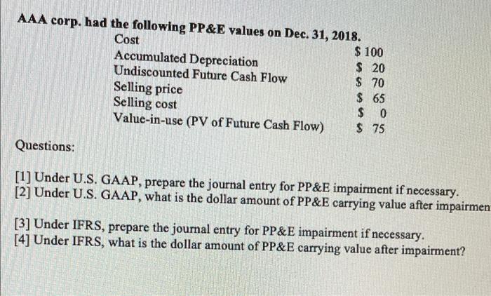  AAA corp. had the following PP&E values on Dec. 31, 2018.