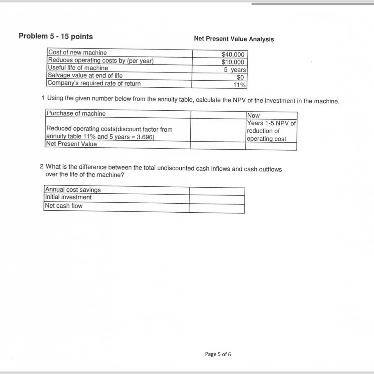  Net Present Value Analysis 1 Using the given number below from