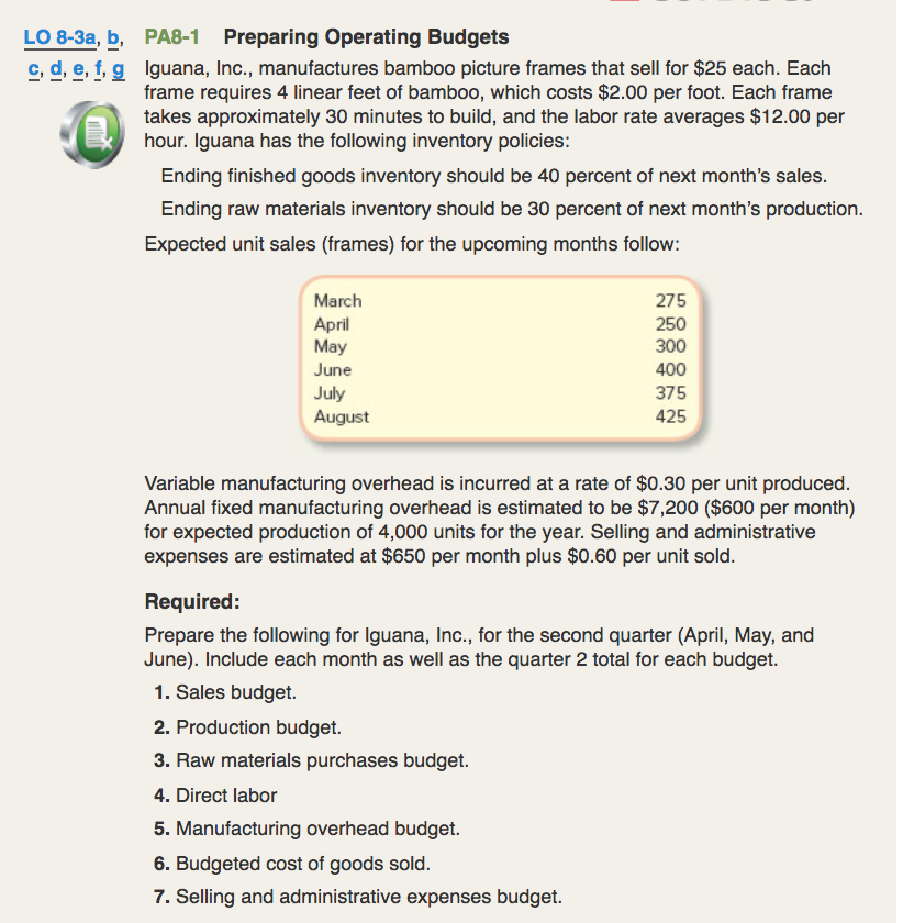  LO 8-3a, b, PA8-1 Preparing Operating Budgets c, d, e, f,