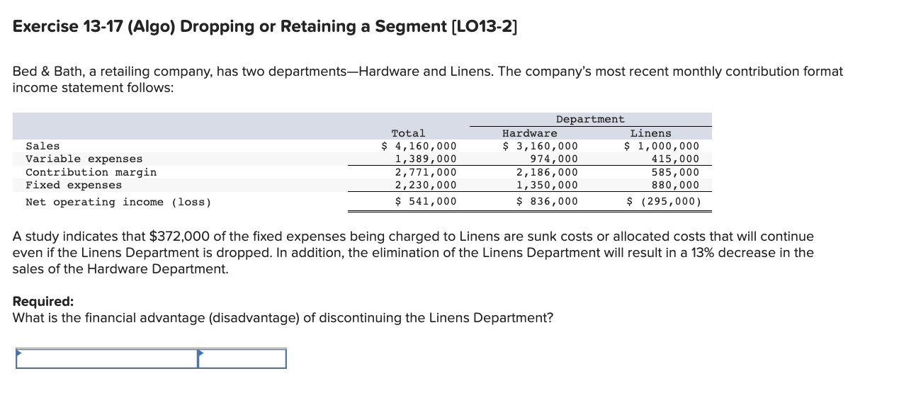  Exercise 13-17 (Algo) Dropping or Retaining a Segment (LO13-2] Bed &