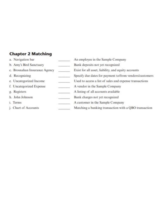  Chapter 2 Matching a. Navigation bar b. Amy's Bird Sanctuary c.